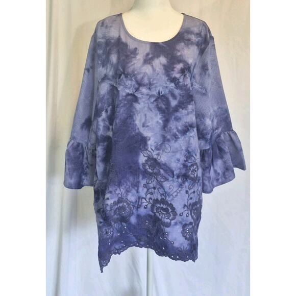New Calessa Womens Embroidered Tie Die Floral Blue Top Blouse L - Picture 1 of 8